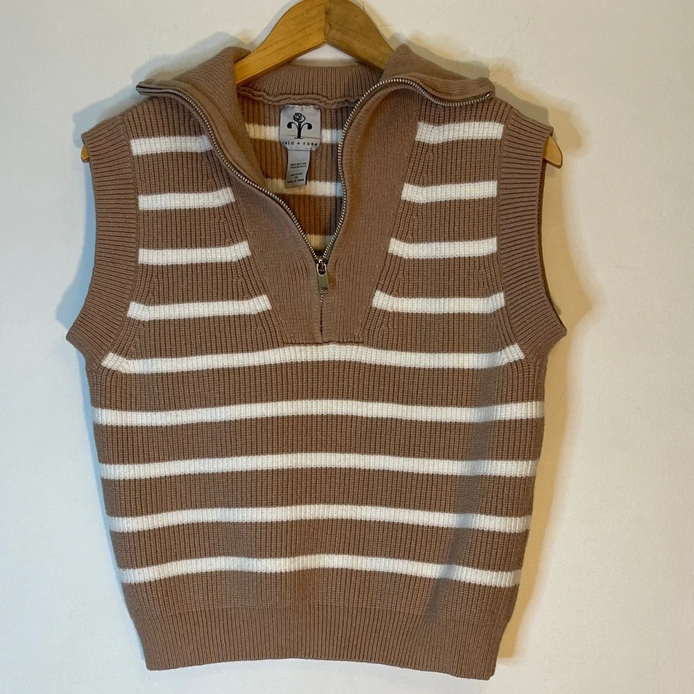Rain & Rose oversized collar short sleeve striped zip up sweater medium - Picture 2 of 7